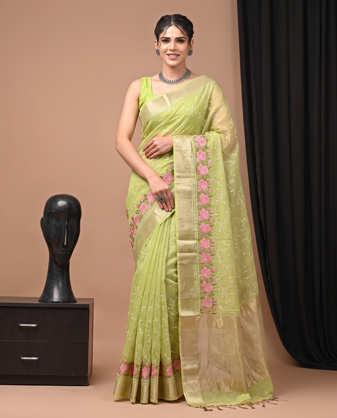 Green Floral Linen Embroidered Saree