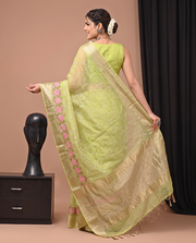 Green Floral Linen Embroidered Saree