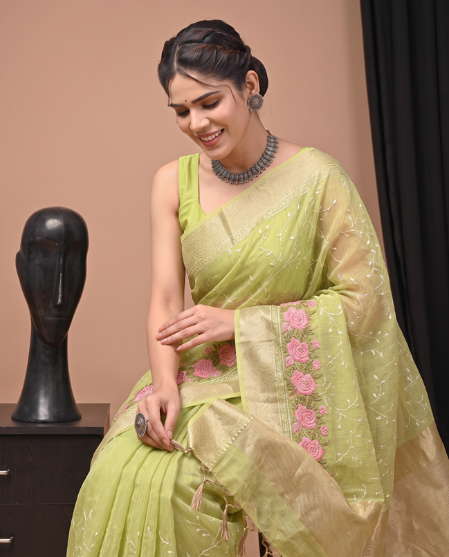 Green Floral Linen Embroidered Saree