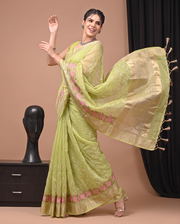 Green Floral Linen Embroidered Saree