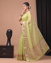 Green Floral Linen Embroidered Saree