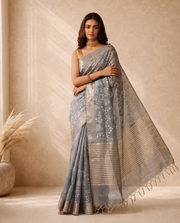 Grey Linen Saree with Woven Border