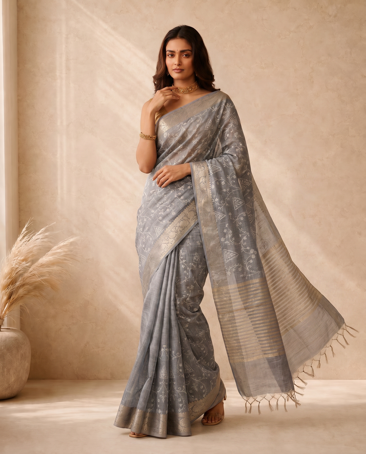 Grey Linen Saree with Woven Border