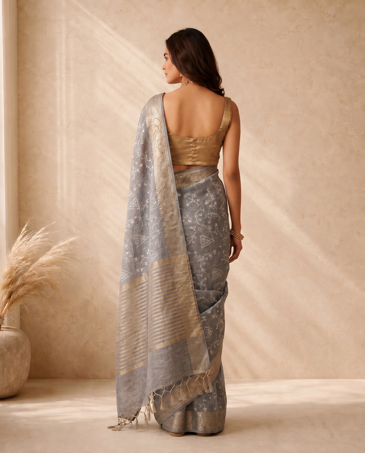 Grey Linen Saree with Woven Border