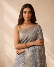 Grey Linen Saree with Woven Border