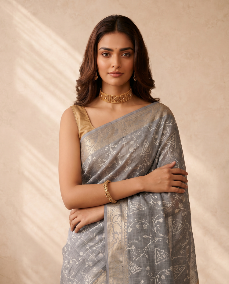 Grey Linen Saree with Woven Border