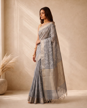Grey Linen Saree with Woven Border