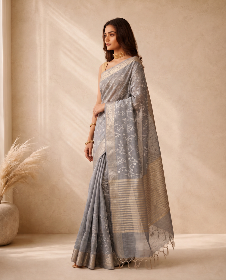Grey Linen Saree with Woven Border
