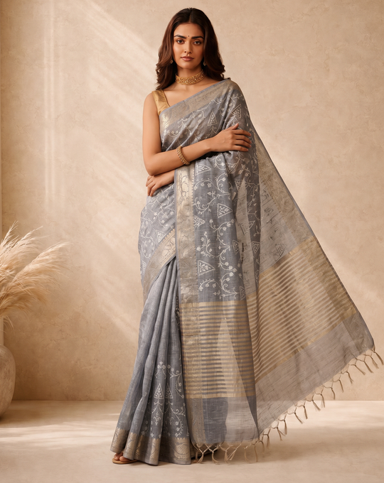 Grey Linen Weaving Border Fancy Embroidery Saree