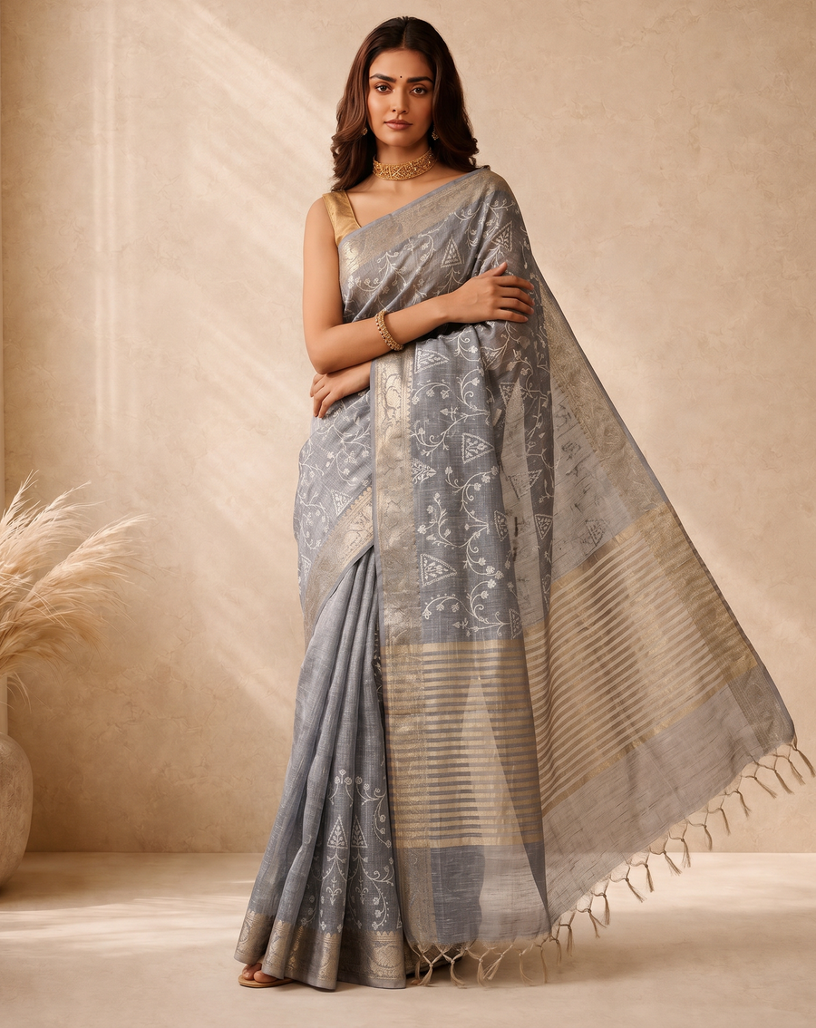 Grey Linen Weaving Border Fancy Embroidery Saree
