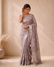 Light Purple Linen Saree With Embroidery Work