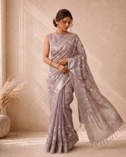 Light Purple Linen Saree With Embroidery Work