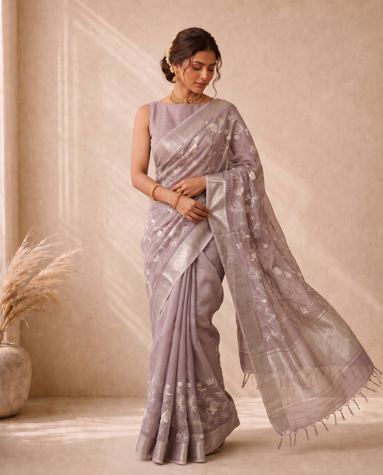 Light Purple Linen Saree With Embroidery Work