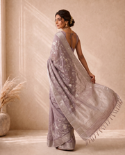 Light Purple Linen Saree With Embroidery Work