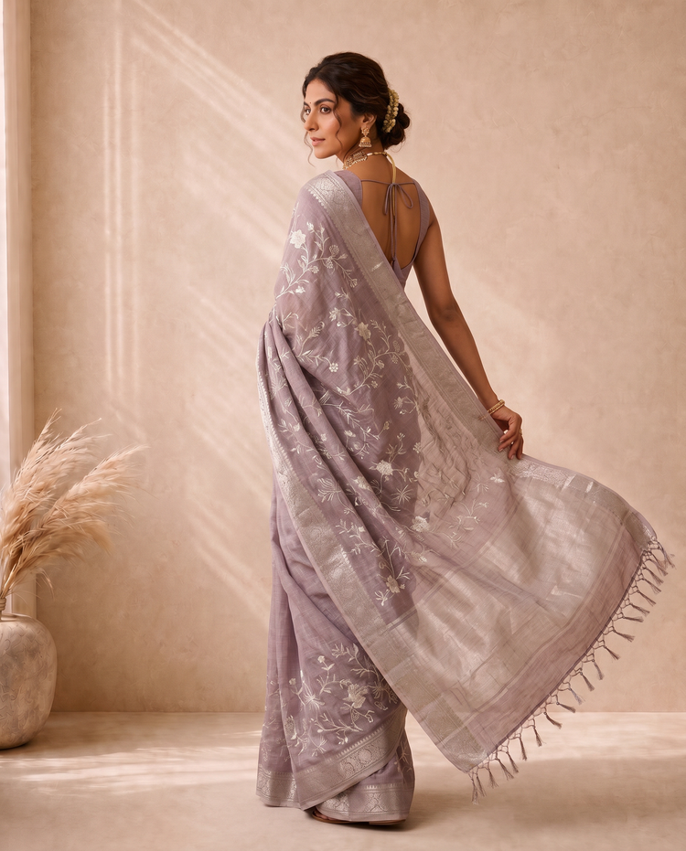 Light Purple Linen Saree With Embroidery Work
