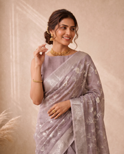 Light Purple Linen Saree With Embroidery Work