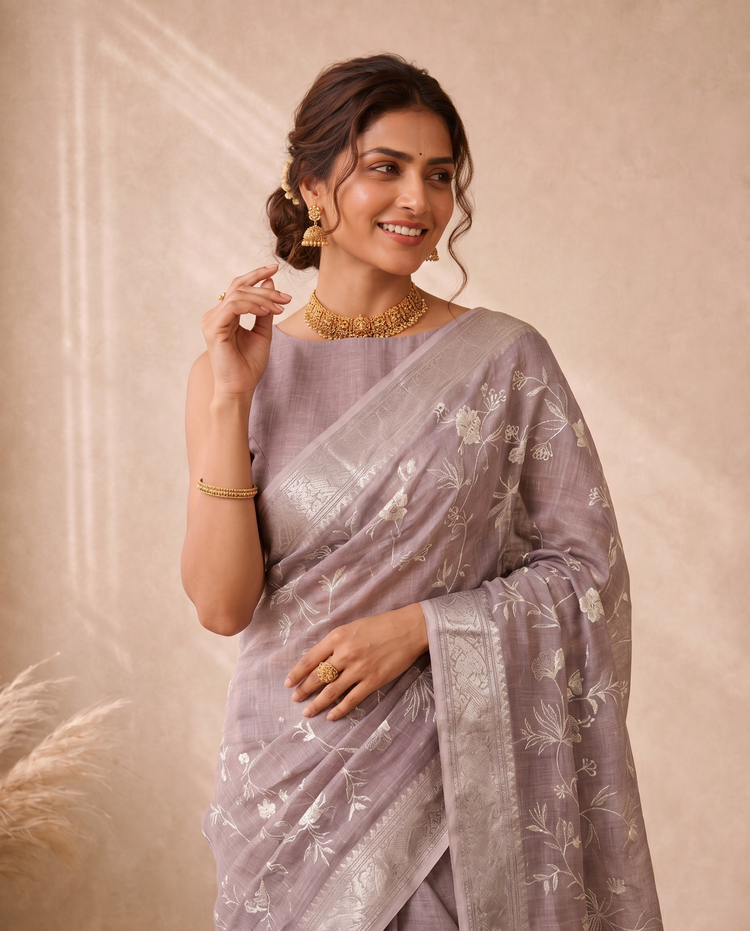 Light Purple Linen Saree With Embroidery Work