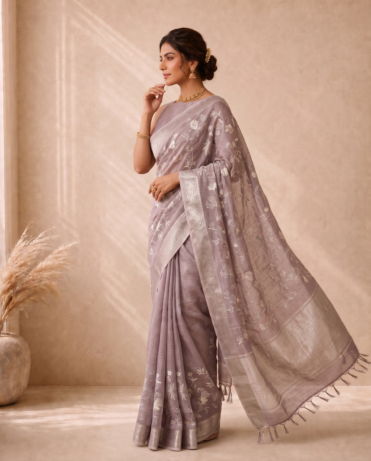 Light Purple Linen Saree With Embroidery Work
