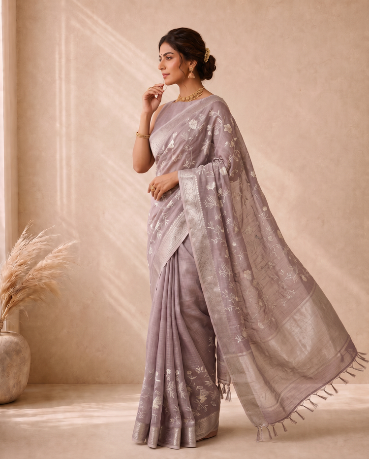 Light Purple Linen Saree With Embroidery Work