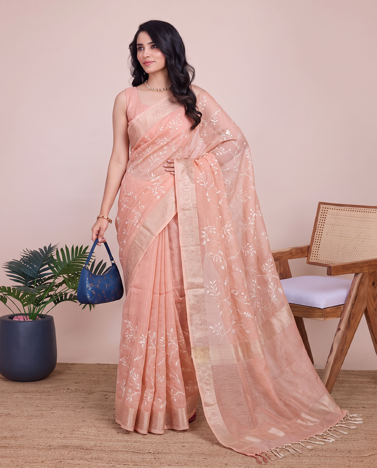 Peach Linen Embroidered Saree