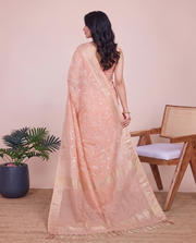 Peach Linen Embroidered Saree