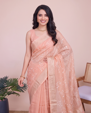 Peach Linen Embroidered Saree