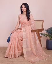 Peach Linen Embroidered Saree