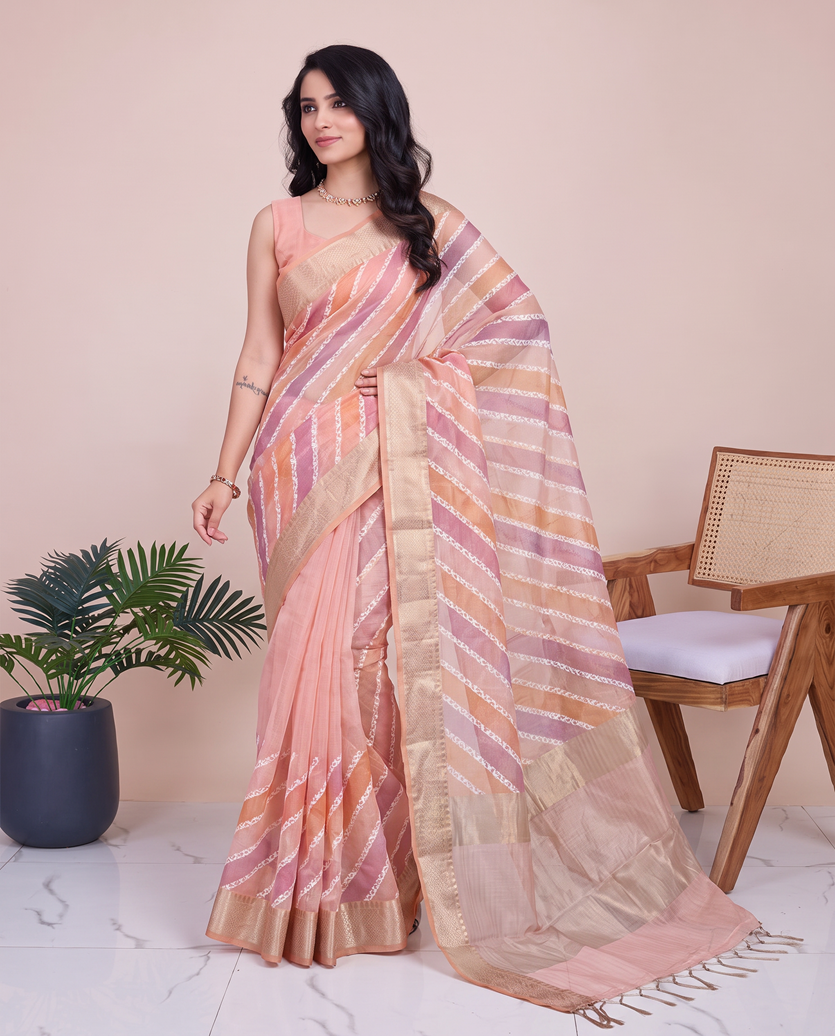 Pink Linen Border Fancy Embroidery Hand Dye Saree
