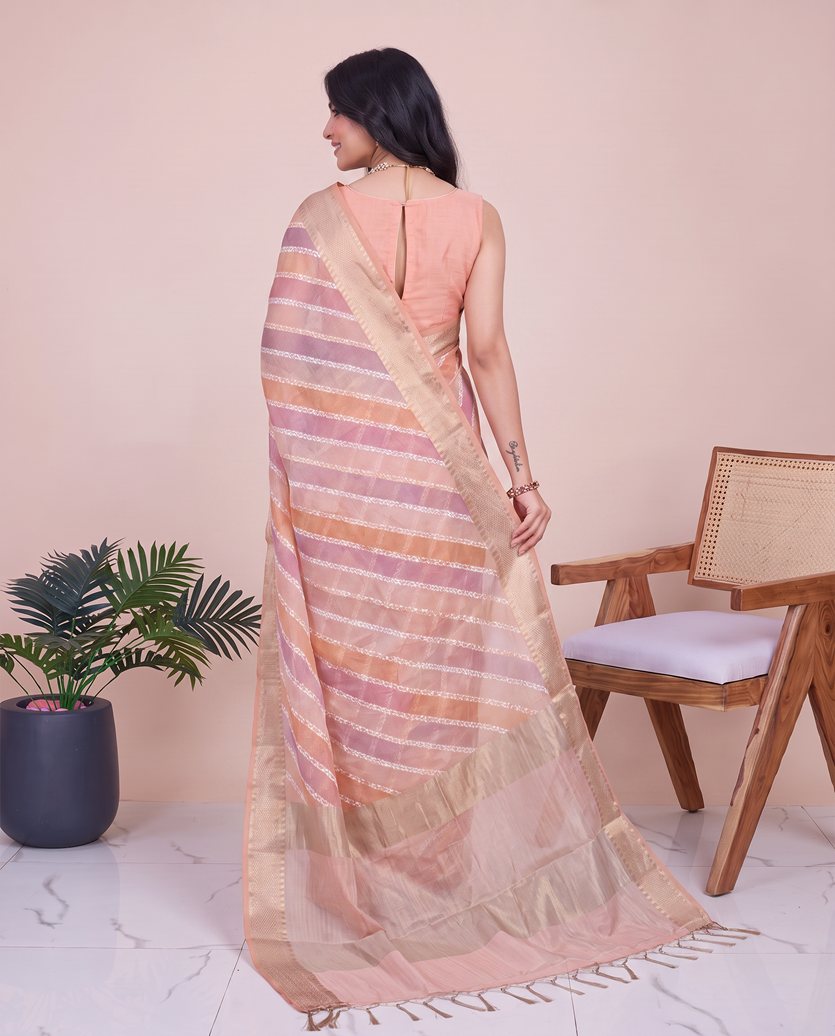 Pink Linen Border Fancy Embroidery Hand Dye Saree