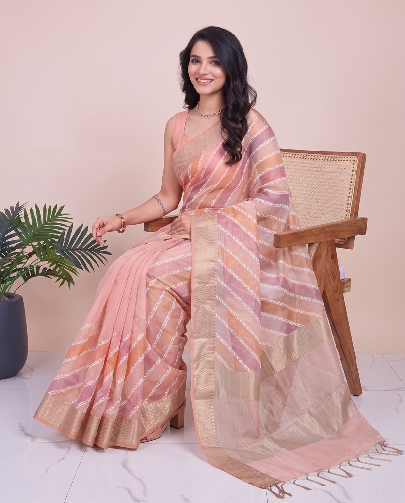 Pink Linen Border Fancy Embroidery Hand Dye Saree