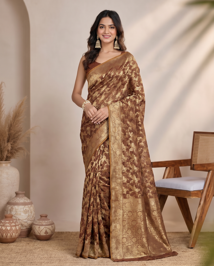 Golden Brown Lichi Silk Zari Butti Saree
