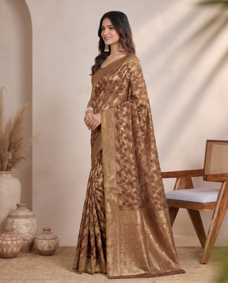 Golden Brown Lichi Silk Zari Butti Saree