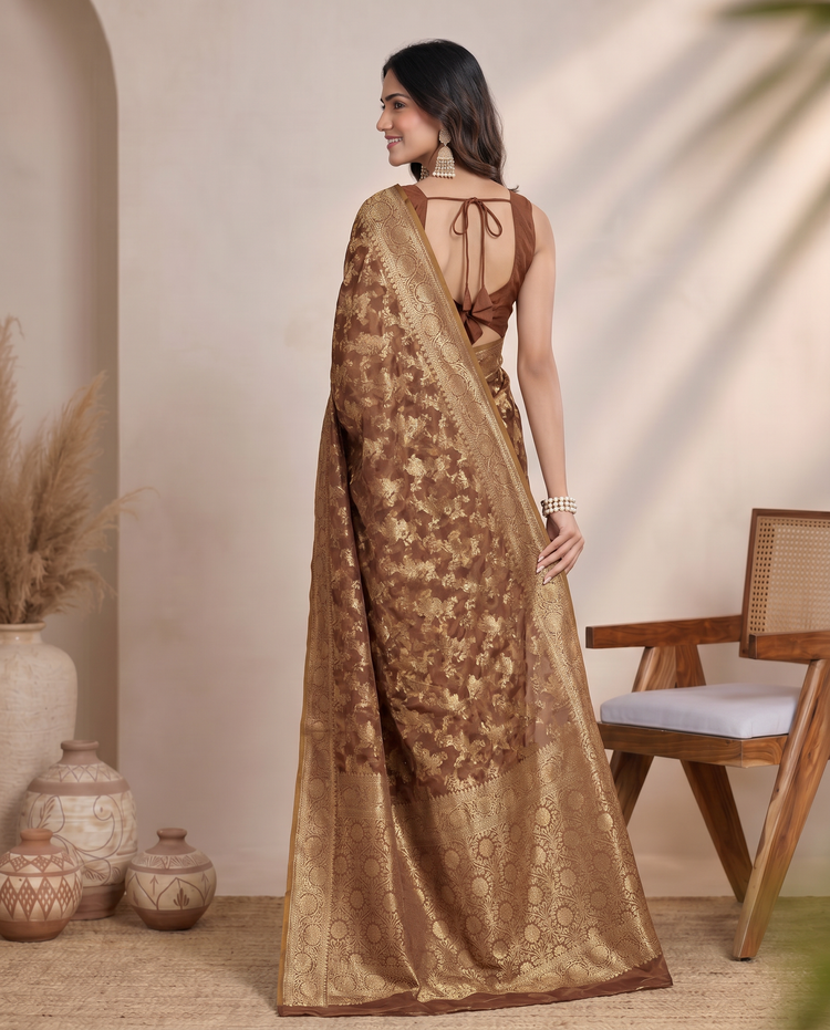 Golden Brown Lichi Silk Zari Butti Saree