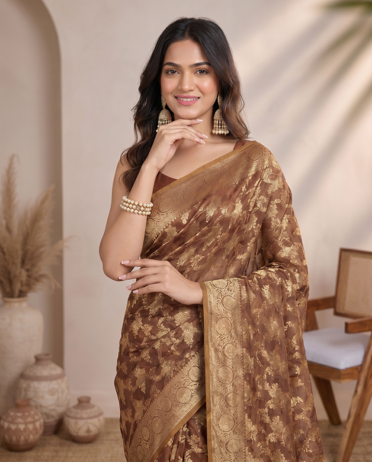Golden Brown Lichi Silk Zari Butti Saree