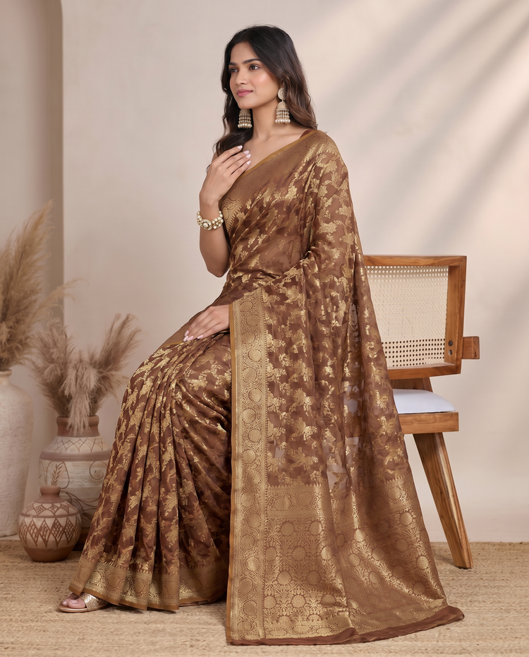Golden Brown Lichi Silk Zari Butti Saree