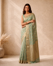 Golden Dark Green Lichi Silk Zari Butti Saree