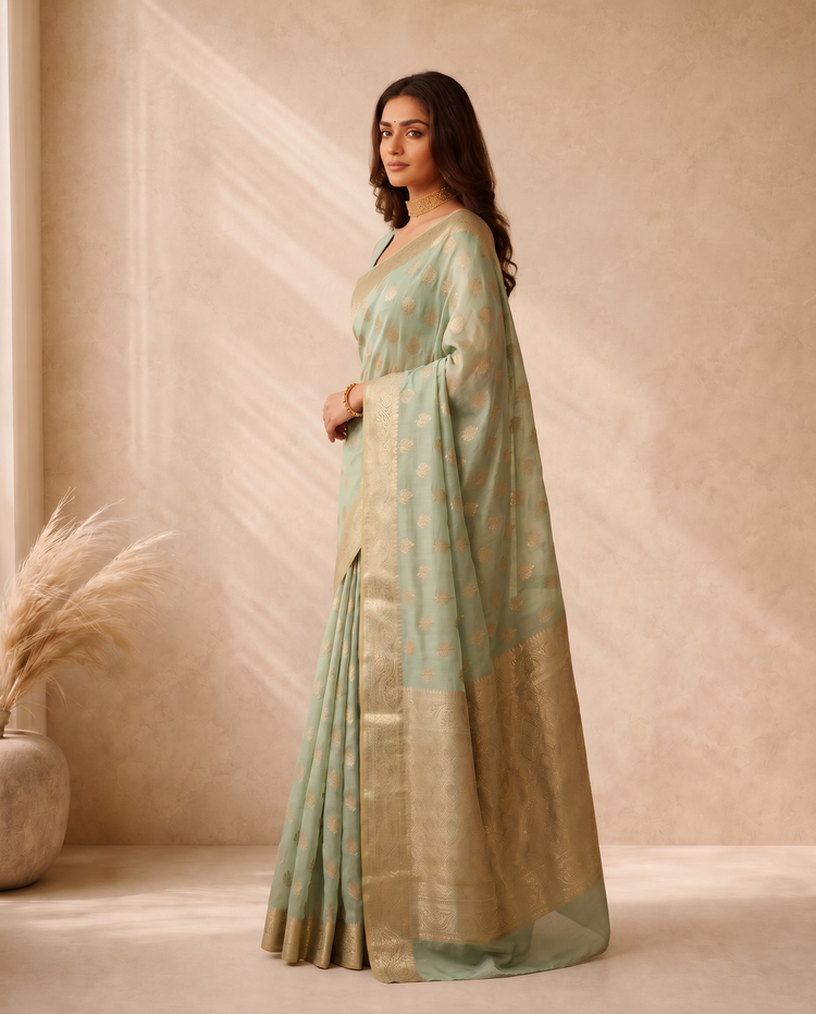 Golden Dark Green Lichi Silk Zari Butti Saree
