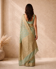 Golden Dark Green Lichi Silk Zari Butti Saree