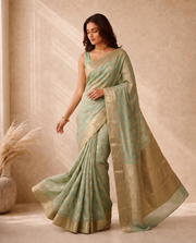 Golden Dark Green Lichi Silk Zari Butti Saree