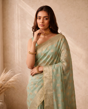 Golden Dark Green Lichi Silk Zari Butti Saree