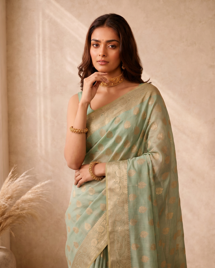 Golden Dark Green Lichi Silk Zari Butti Saree