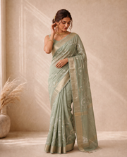Golden Mehandi Green Lichi Silk Zari Butti Saree