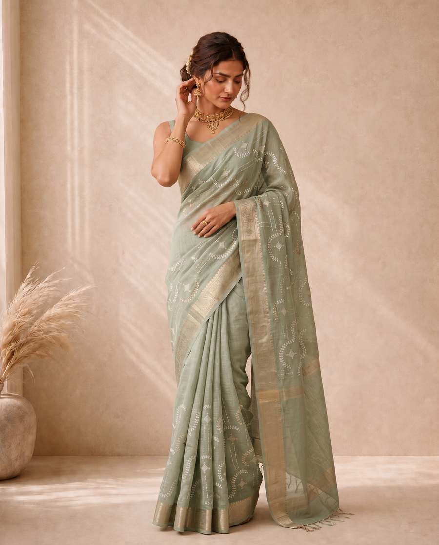 Golden Mehandi Green Linen Weaving Border Fancy Embroidery Saree