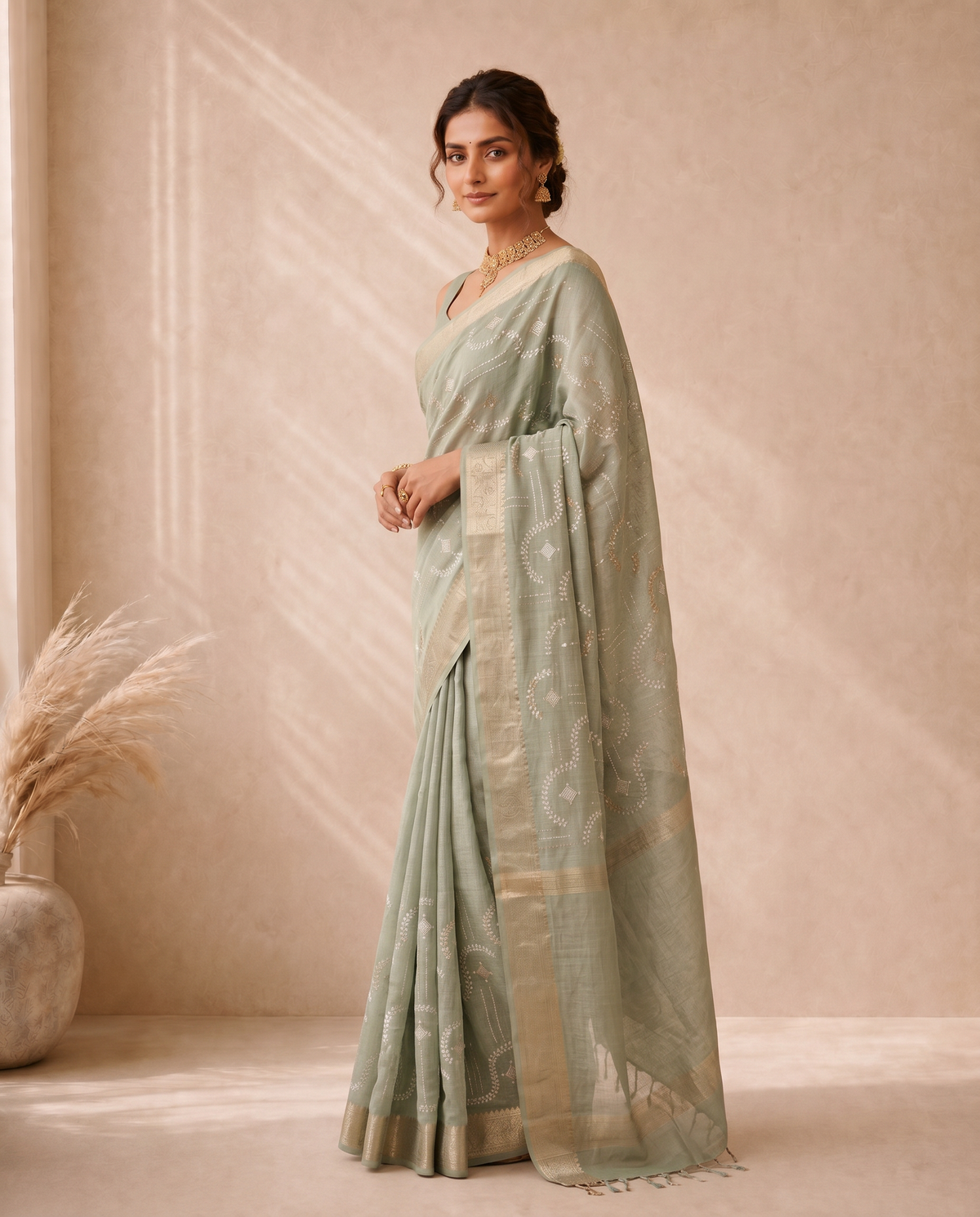 Golden Mehandi Green Linen Weaving Border Fancy Embroidery Saree