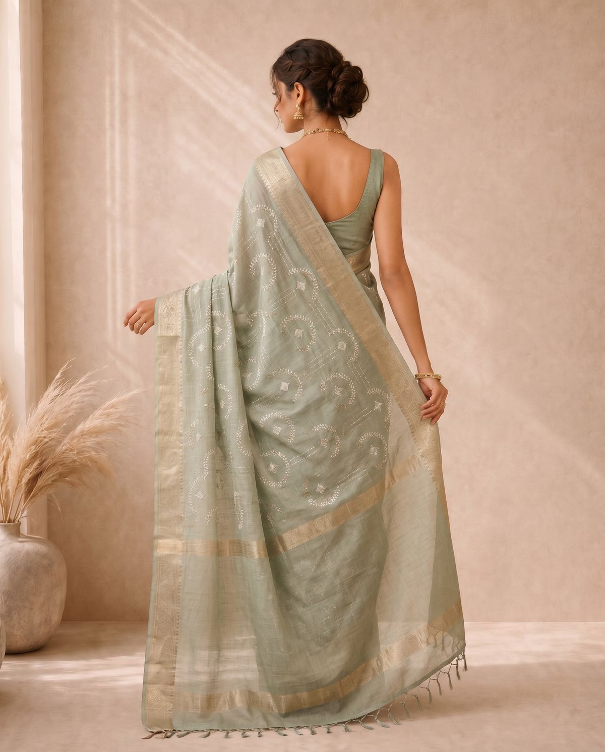 Golden Mehandi Green Linen Weaving Border Fancy Embroidery Saree