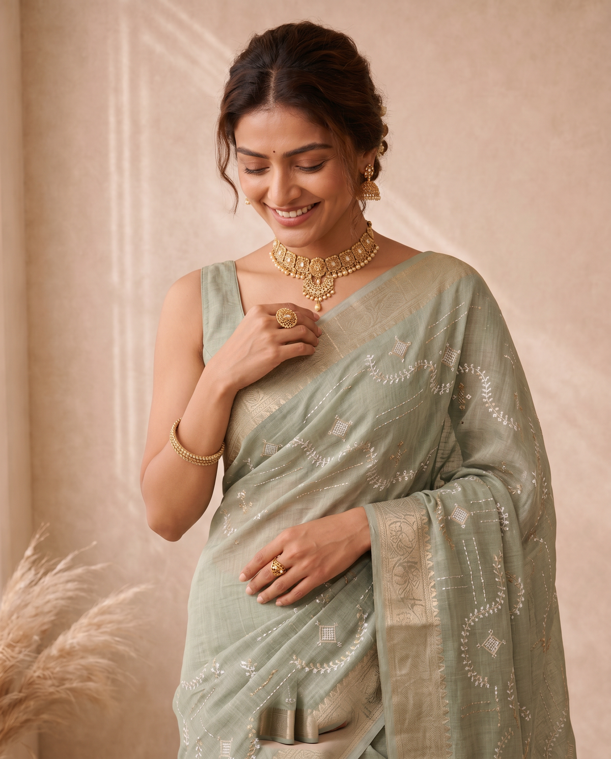 Golden Mehandi Green Linen Weaving Border Fancy Embroidery Saree