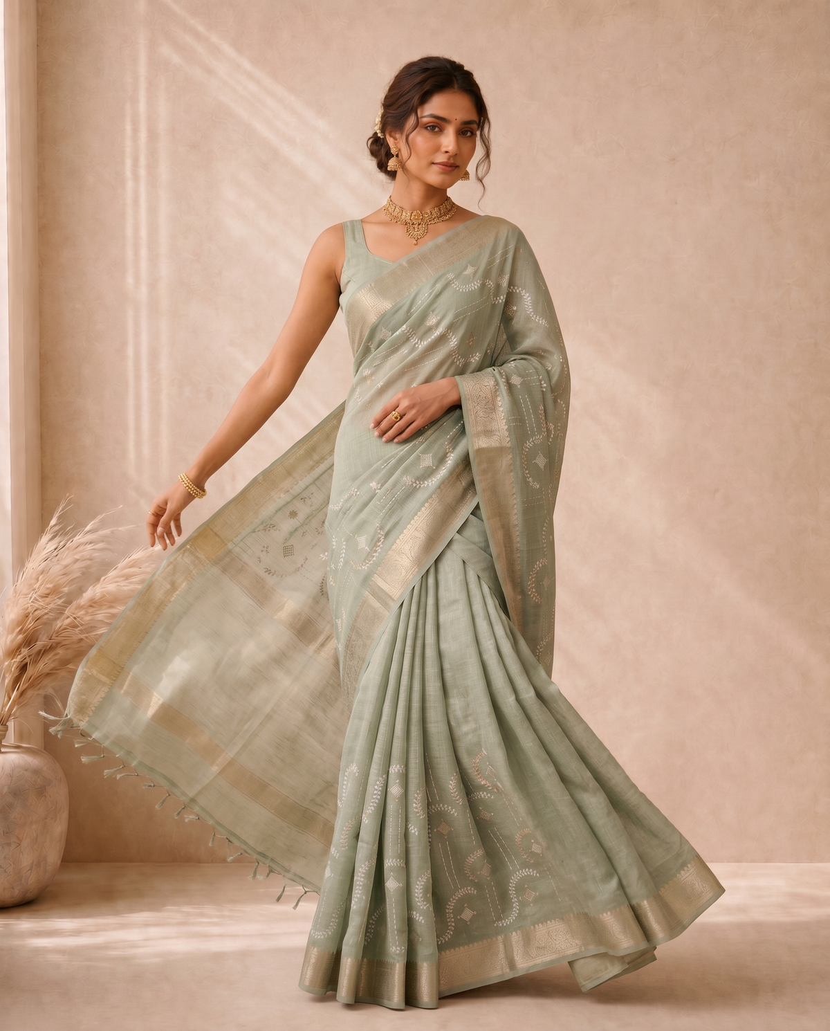 Golden Mehandi Green Linen Weaving Border Fancy Embroidery Saree