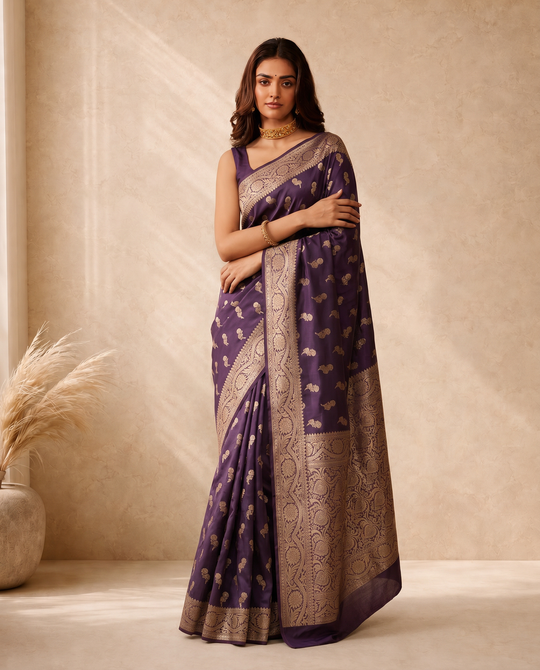 Golden Purple Lichi Silk Zari Butti Saree