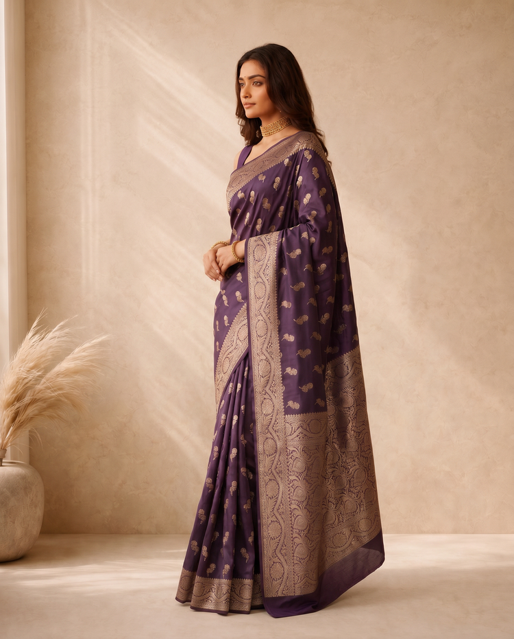 Golden Purple Lichi Silk Zari Butti Saree