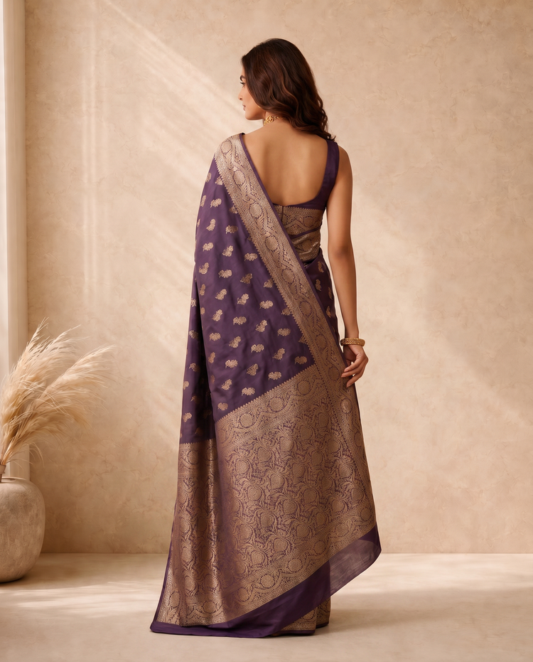 Golden Purple Lichi Silk Zari Butti Saree